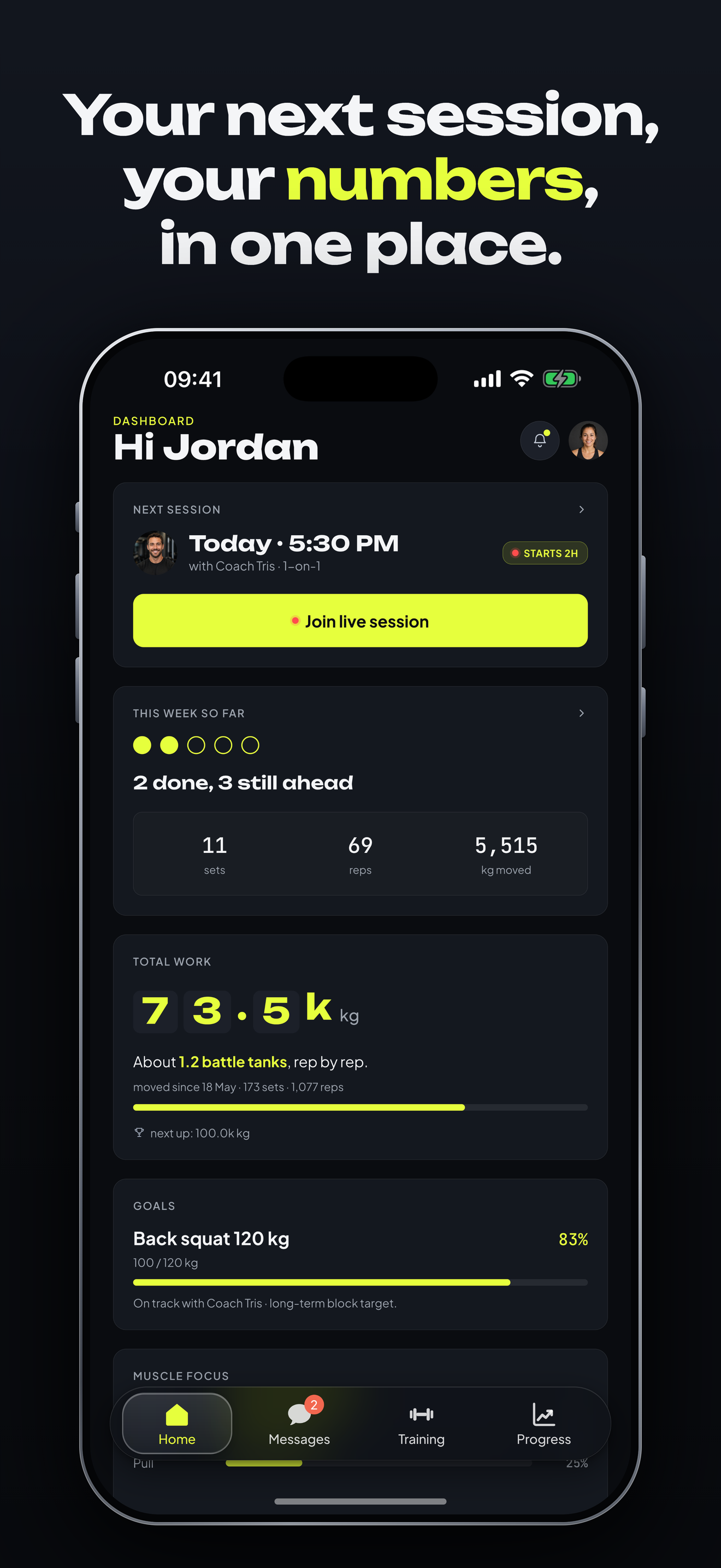 Bespoke Fit client app showing the next live session, workouts and progress