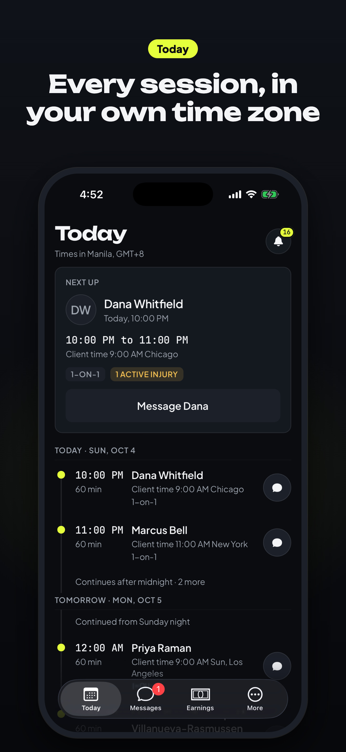 Bespoke Fit coach app showing today's schedule in the coach's time zone
