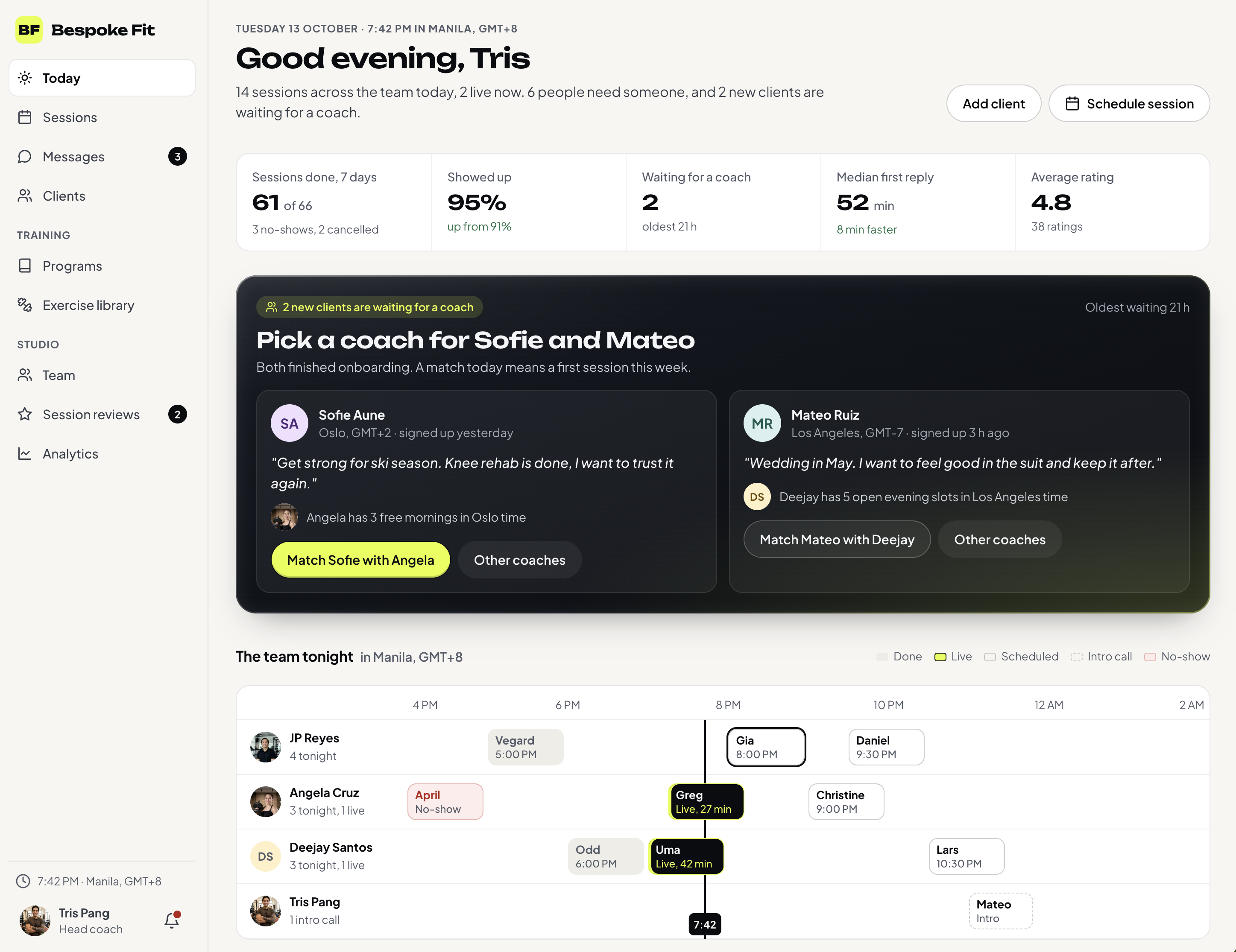 Preview of the Bespoke Fit dashboard redesign, showing coach assignment and the team's sessions