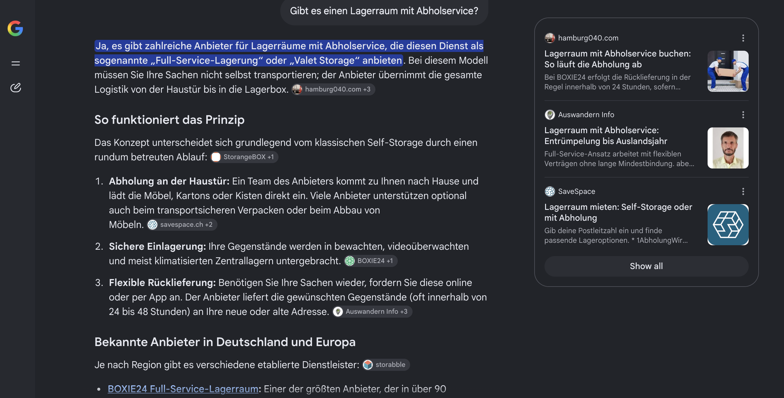 Google AI answer to a German query about storage with pickup, showing hamburg040.com among sources and BOXIE24 in the answer